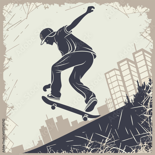 Silhouette of a skateboarder performing a trick with city buildings in the background on a grunge style image