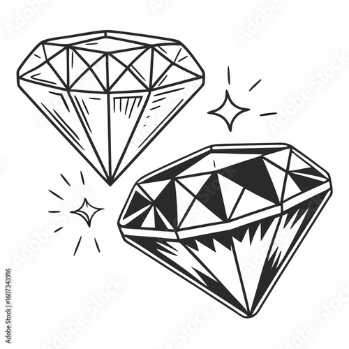 Two hand drawn diamonds with facets and sparkle effect in a simple line art style illustration design