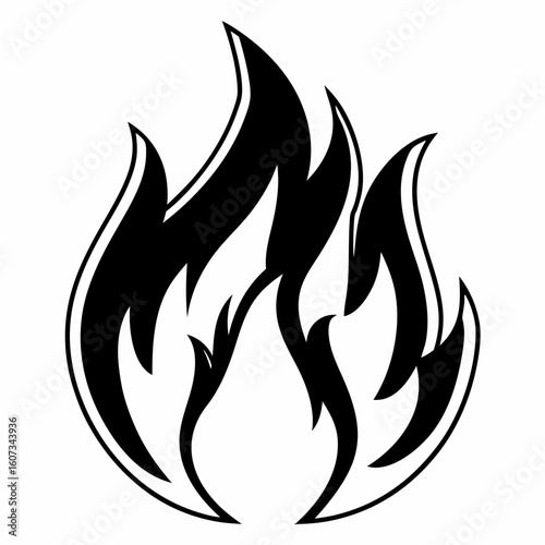 Illustration of a stylized flame with multiple peaks and a bold outline in a monochrome black and white style