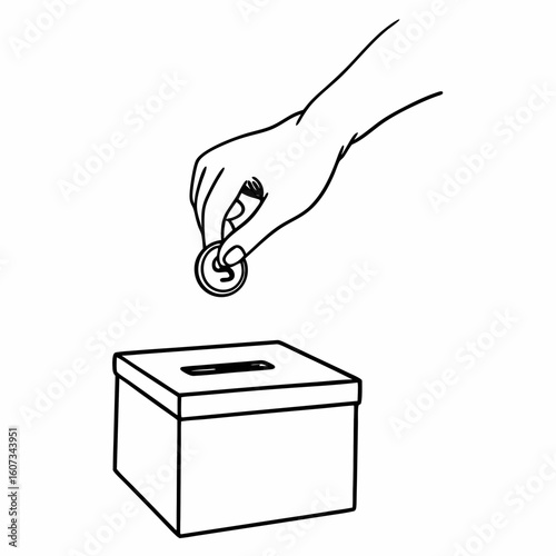 Hand putting a coin into a donation box with a slot on top in a black and white line drawing style