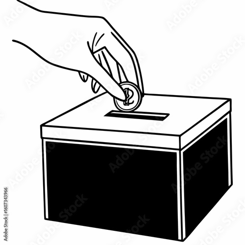 A hand is shown dropping a coin into a donation box in a black and white line art illustration style