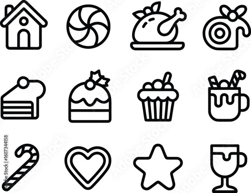 Christmas holiday food and drink icons set