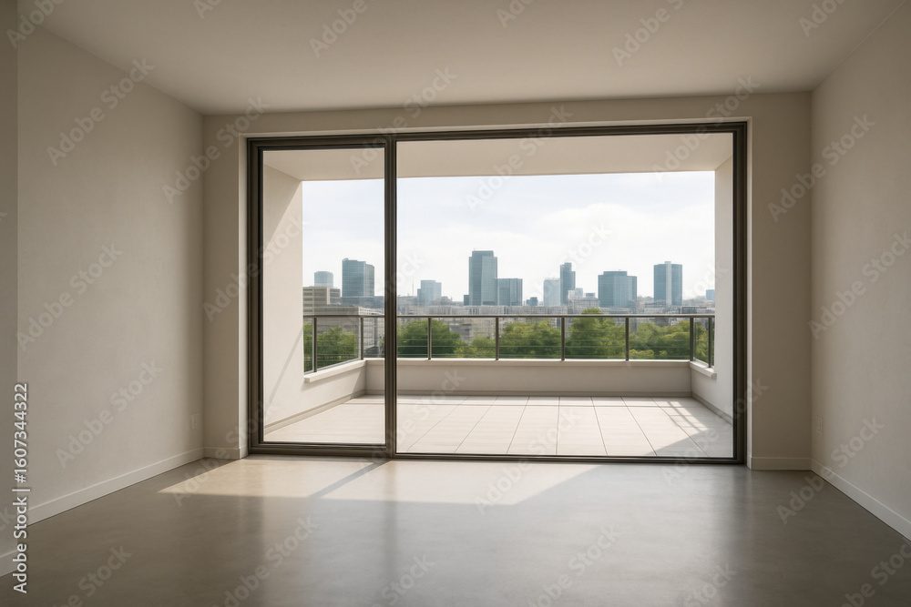 Fototapeta premium Modern empty apartment with balcony overlooking city skyline
