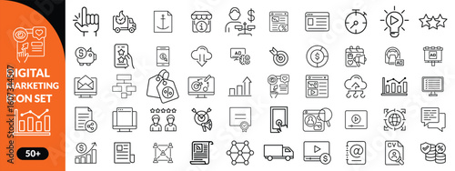 Digital Marketing Line Editable Icons set. Vector illustration for web and mobile app. Marketing related icons advertising, ecommerce, seo, content, streaming, website, social media, and more