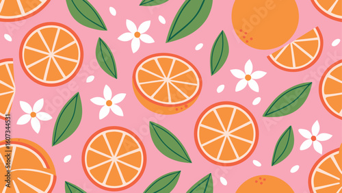 Vibrant Orange Fruit Pattern with Blossoms and Leaves for Summer Designs and Fresh Food Illustrations on Pink Background