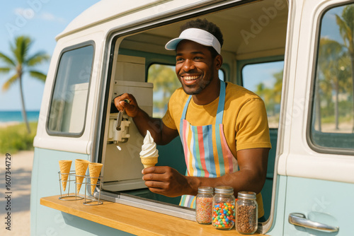 Happy street food vendor preparing ice cream in food truck at beach