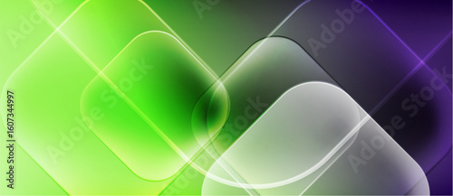Abstract composition features overlapping squares, gradients. Colors shift from green to purple, creating luminous effect. Modern design.