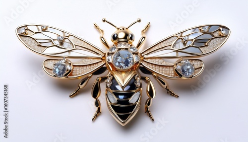 metallic brooch in shape of bee with gemstones imitation pin on white background bijouterie jewelry close up