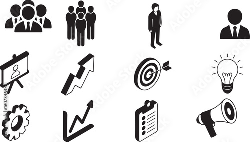 Corporate Icon Set – Minimal Vector Symbols for Goals, Success, Teamwork, and Collaboration

