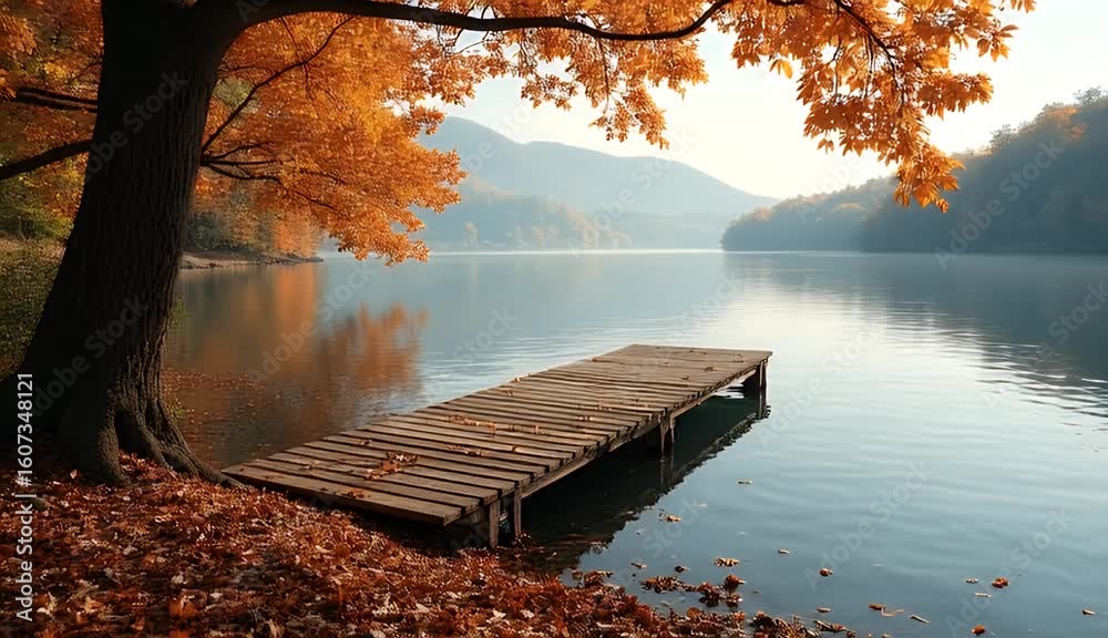 Fallen maple leaves flutter weathered dock lakeside dusk glow painting tranquil K tableau mindfulness channels autumn travel adverts poetic lyric videos gain serene seasonal