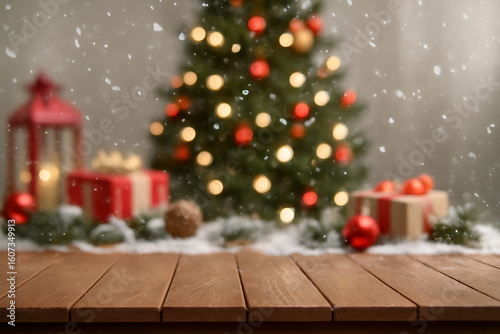 Rustic Wooden Table, Blurred Christmas Background, Snowfall