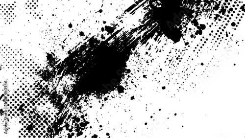 Vector new style halftone dots modern grunge texture. Black Ink splatter brush stroke on black halftone dots abstracts white background. Vector abstract splashes and dotted paint distressed halftone 	