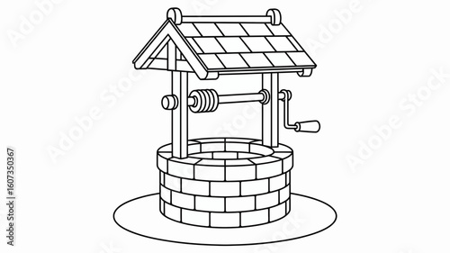 Old-Fashioned Stone Water Well with Roof and Crank Handle"