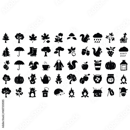 Autumn Icons Set - Black Silhouette Vector Illustrations for Fall Season Design