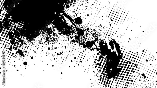 Vector new style halftone dots modern grunge texture. Black Ink splatter brush stroke on black halftone dots abstracts white background. Vector abstract splashes and dotted paint distressed halftone 	
