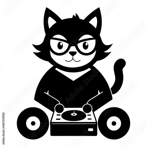 Cool cartoon cat wearing glasses and playing music on a dj turntable