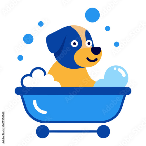 Cute cartoon dog enjoying a bubble bath in a blue bathtub with bubbles