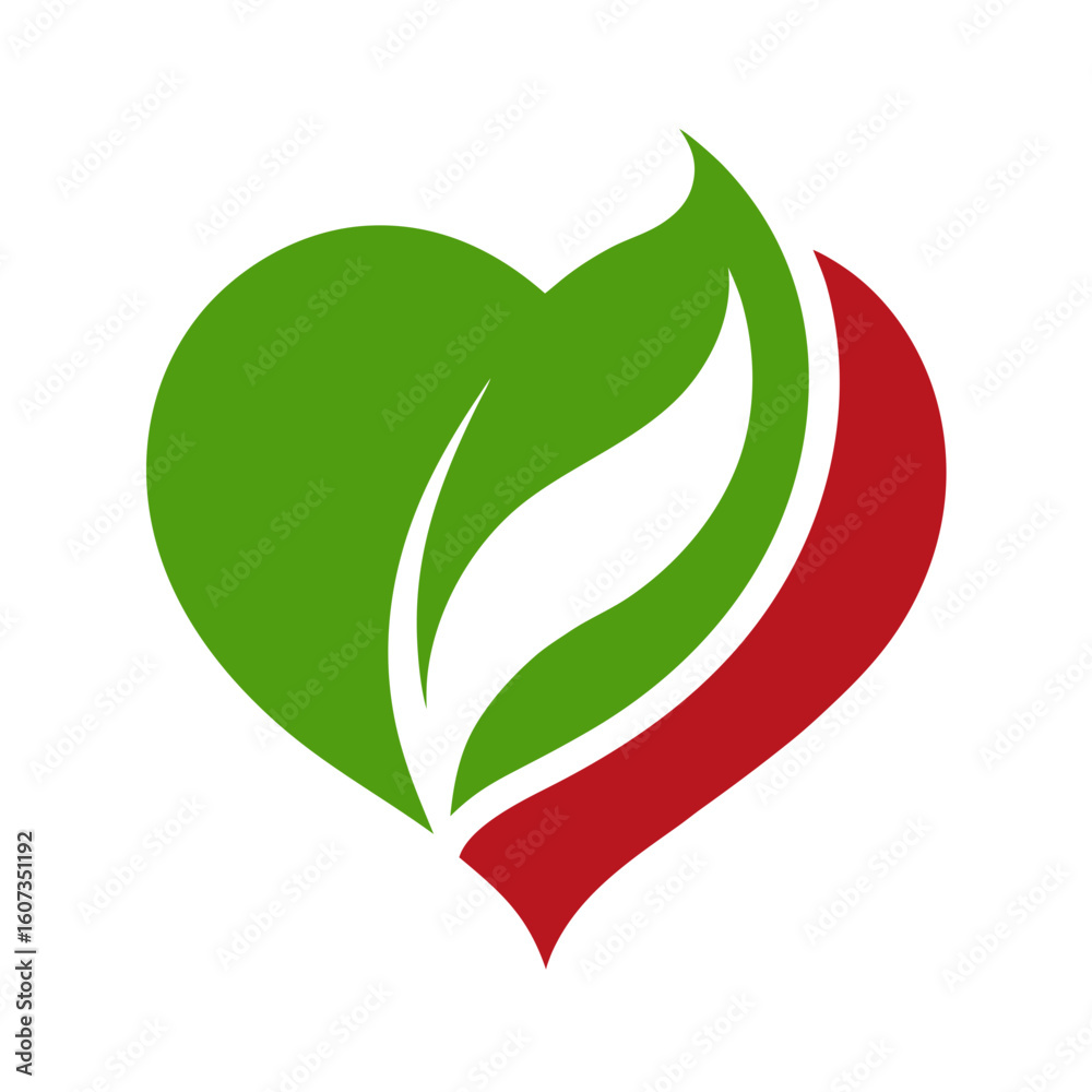 Naklejka premium Green and red heart shape with two leaves symbolizing nature and love