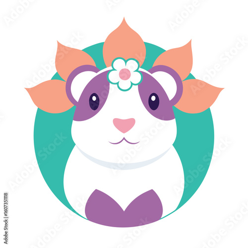 Cute cartoon guinea pig wearing a flower crown and surrounded by petals