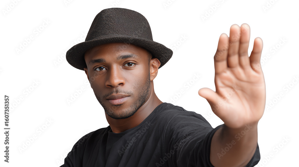Naklejka premium A man in a black hat gestures with his hand, conveying a sense of pause or stop, against a white isolated background.