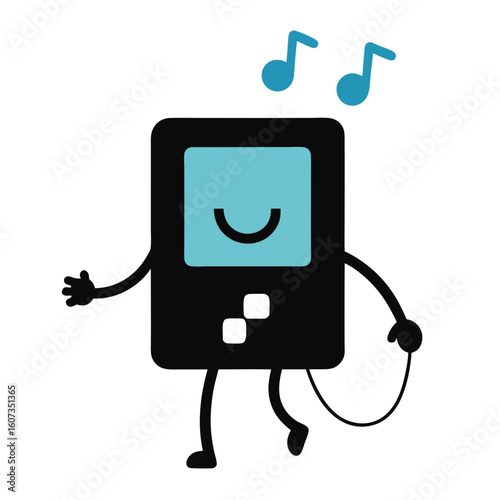 Happy cartoon music player dancing with headphones and musical notes