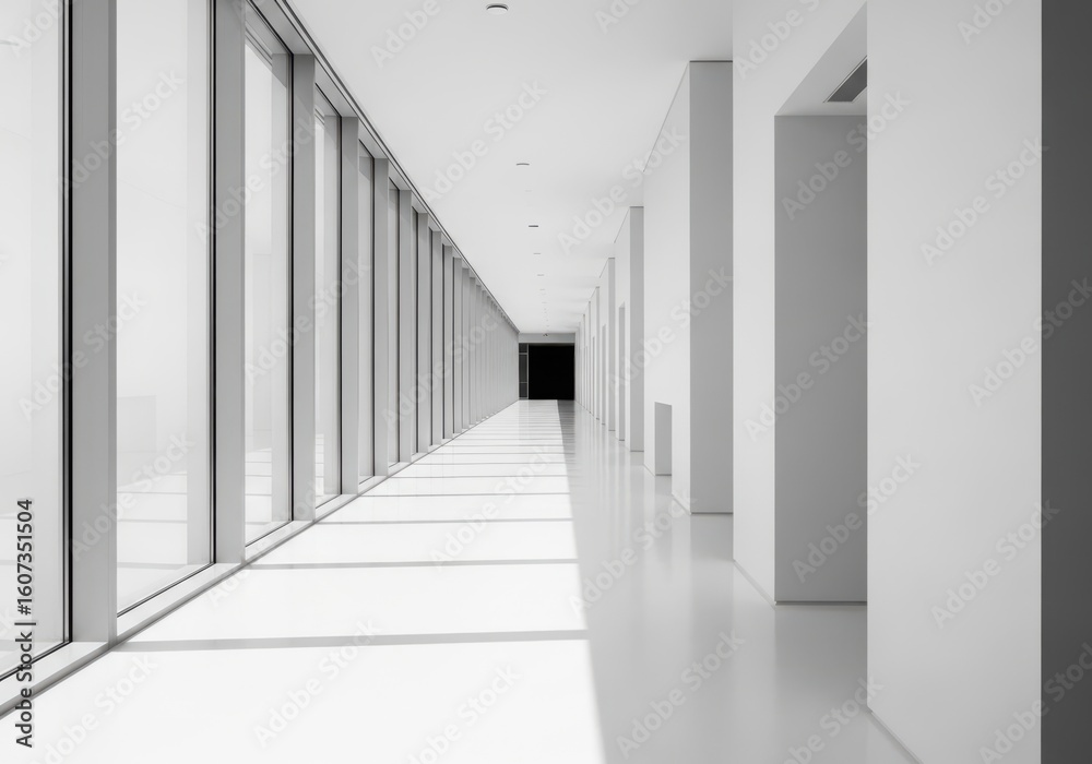 Bright white minimalist interior hallway with tall windows and shadows light Bright white minimalist interior hallway with tall windows and shadows light