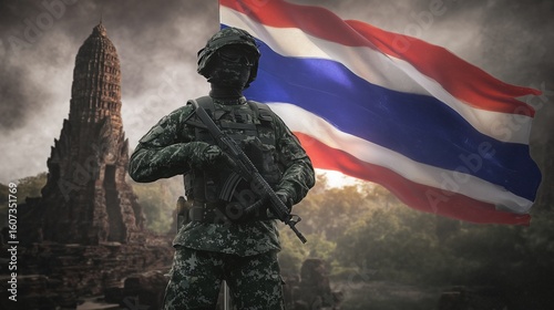 Soldiers with rifles defending Thai territory