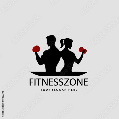Silhouette of man and woman holding dumbbells with text Fitnesszone workout exercise