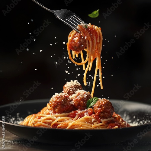 Forkful of spaghetti and meatballs, a dish of pasta with meatball,  in a dark setting