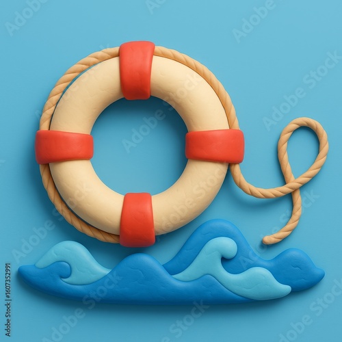 A claymation life preserver with rope floats above blue waves on a solid background