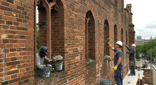 Brick Wall Restoration Workers at Historic Building.