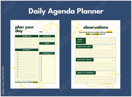Daily Activity Planner and Agenda templates. Organizer page, diary and daily control book, and office schedule list. Graphic organization pa