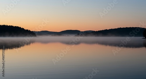 scene of a calm body of water reflecting a subtle, hopeful sunrise on New Year's Day. Distant, silhouetted trees or mountains line the horizon, adding depth. The water is perfectly still,