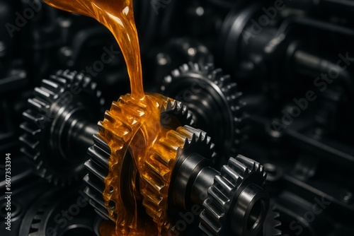 Golden lubricant oil pouring onto interlocking metal gears in a dark machinery background