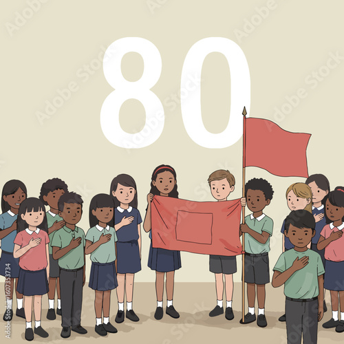 A group of diverse children stand together, holding a red flag and placing their hands over their hearts, with the number 80 in the background.