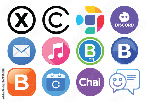 Vector art of a collection of popular app and social media icons, including discord, bing, and email, presented in a grid