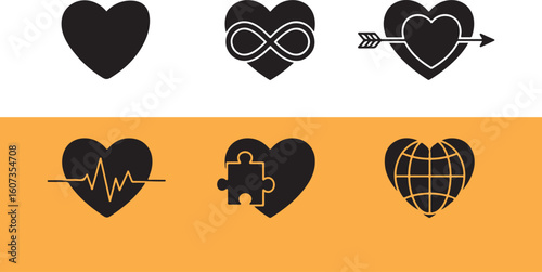 Six black heart icons with different designs love symbol