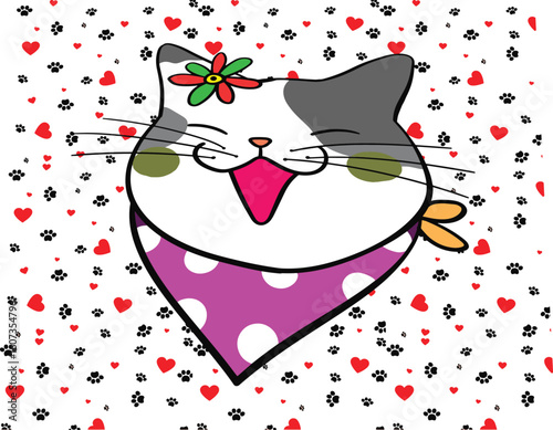 Cute Cartoon Cat with Hearts and Paw Prints Background