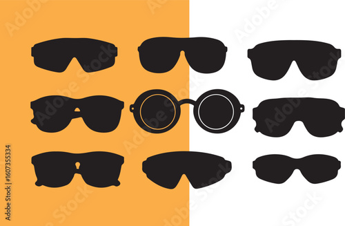 Nine black silhouette sunglasses on orange and white background