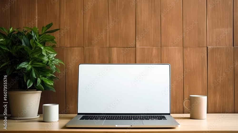 Fototapeta premium Laptop sits on a wooden desk with a potted plant in front of it