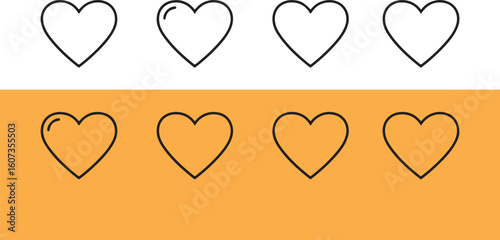 Eight Outline Hearts on White and Orange Background