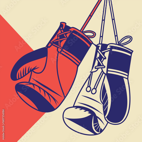 Two boxing gloves hanging side by side with laces and contrasting colors in a stylized illustration