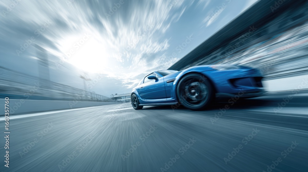 Fototapeta premium Fast Blue Sports Car Racing on Track at Sunset