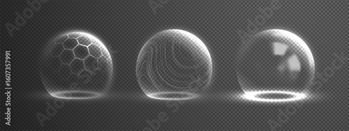 3D dome shield sphere set with protective glass barrier and transparent force field effect. Futuristic hexagon energy grid in blue neon light for defense technology. Abstract wireframe globe security.