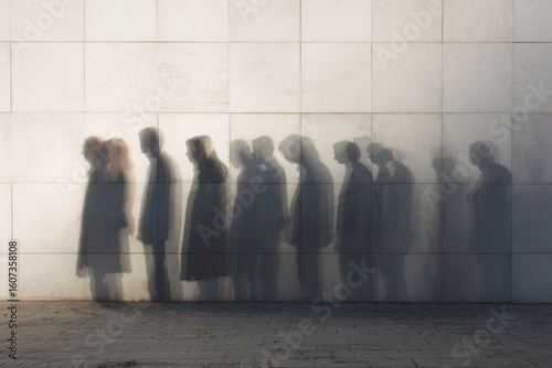 Silhouettes of people in line against a light wall