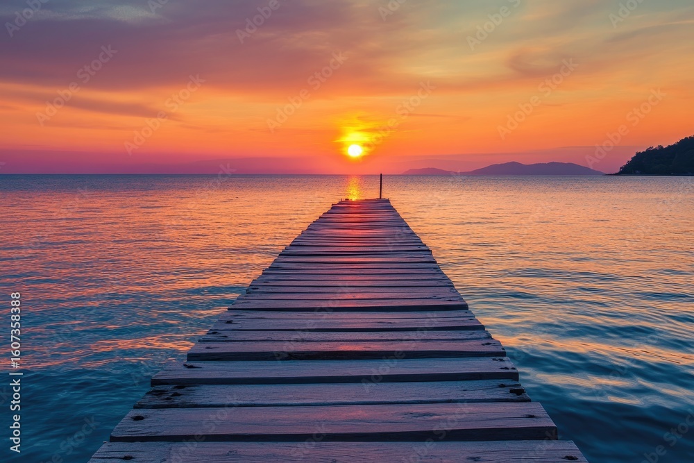 Obraz premium Wooden pier extending into a calm sea at sunset. Vibrant colors of orange, pink, and purple paint the sky