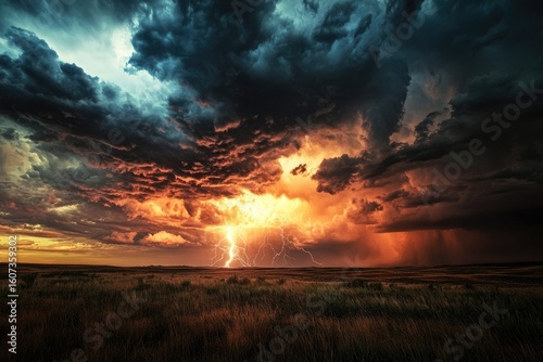 Dramatic storm clouds over a vast plain.  Fierce lightning illuminates the fiery, turbulent sky above a flat, golden landscape