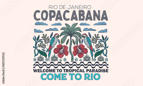 Palm tree artwork. Tropical paradise. Macaw paradise artwork. Tropical vibes t shirt artwork. Amazing brasil. Copacabana beach art. Rio de janeiro. Summer vibes artwork.	