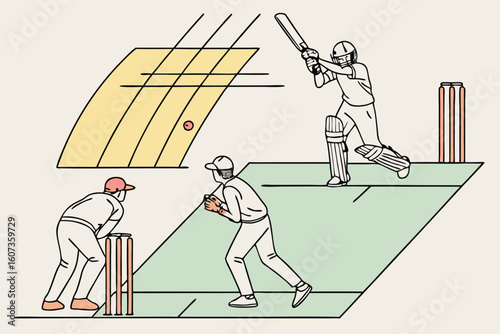 Illustration of a cricket match in progress with batsman fielder and wicket keeper visible on field