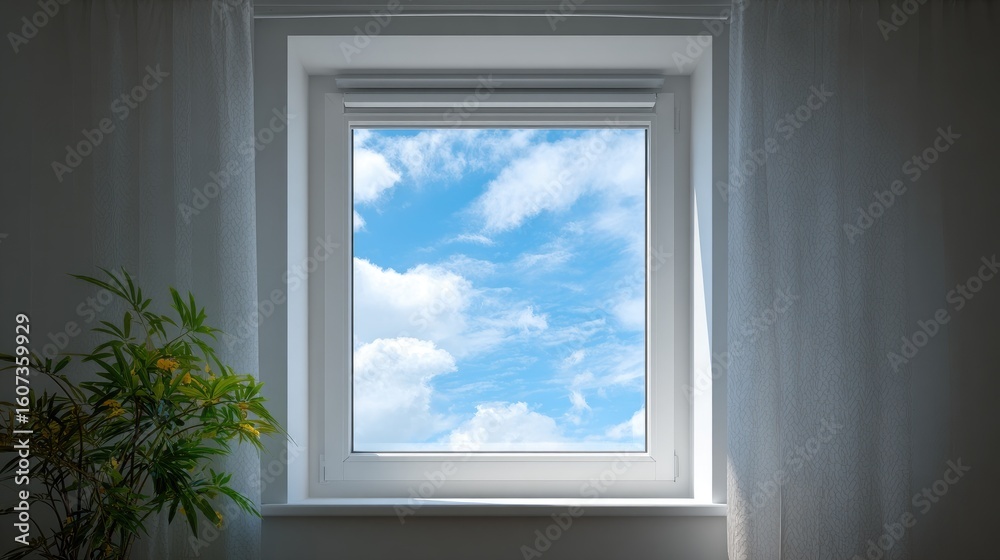 Fototapeta premium Close-up of a modular window with skylight on a red brick house, showcasing German design concepts under a clear sky in a peaceful residential area